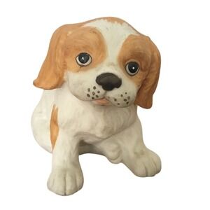 1990 Spaniel Puppy Dog Ceramic Figurine,‎ Cute Brown White Dog Collector Decor